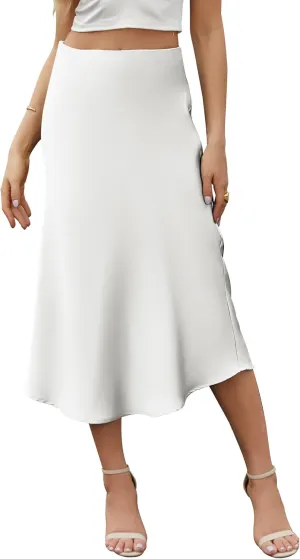 Bluetime Womens Satin Skirt Elastic High Waisted Silk Midi Skirts Dressy Casual A line Long Skirt
