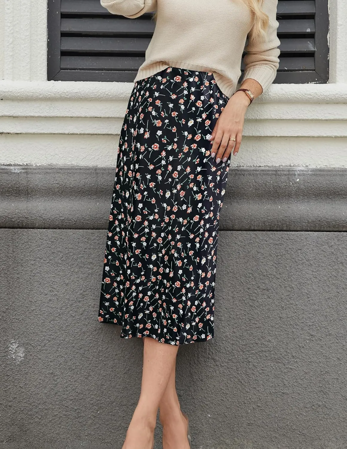 Bluetime Womens Satin Skirt Elastic High Waisted Silk Midi Skirts Dressy Casual A line Long Skirt