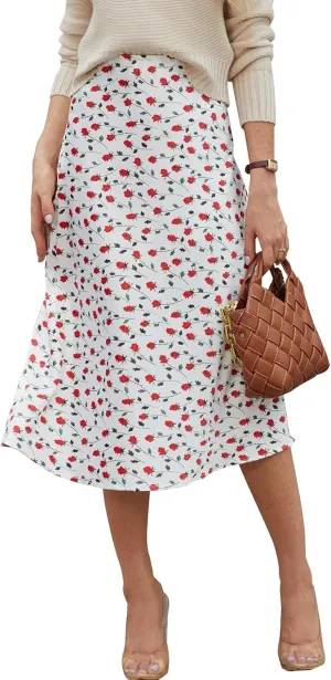 Bluetime Womens Satin Skirt Elastic High Waisted Silk Midi Skirts Dressy Casual A line Long Skirt