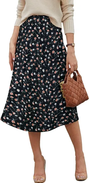 Bluetime Womens Satin Skirt Elastic High Waisted Silk Midi Skirts Dressy Casual A line Long Skirt