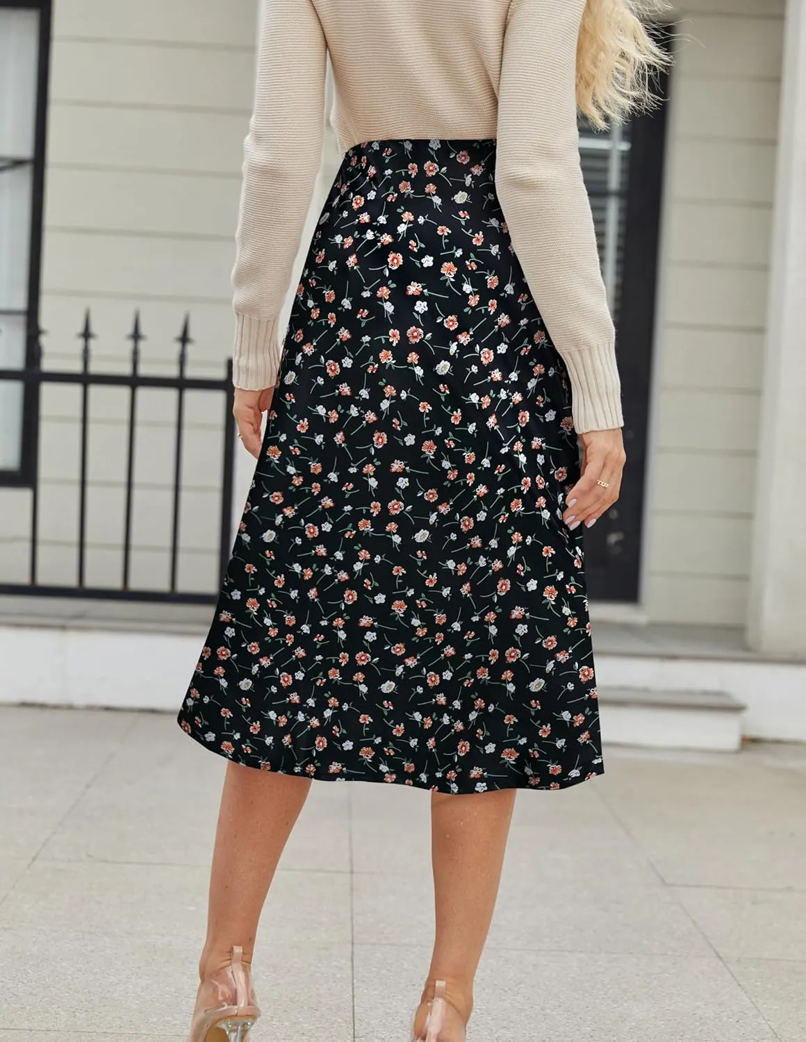 Bluetime Womens Satin Skirt Elastic High Waisted Silk Midi Skirts Dressy Casual A line Long Skirt