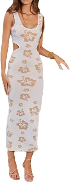 Bodycon Dresses for Women Summer Knit Hollow Out Sexy Night Out Midi Maxi Dress Sleeveless Long Cut Out Dress