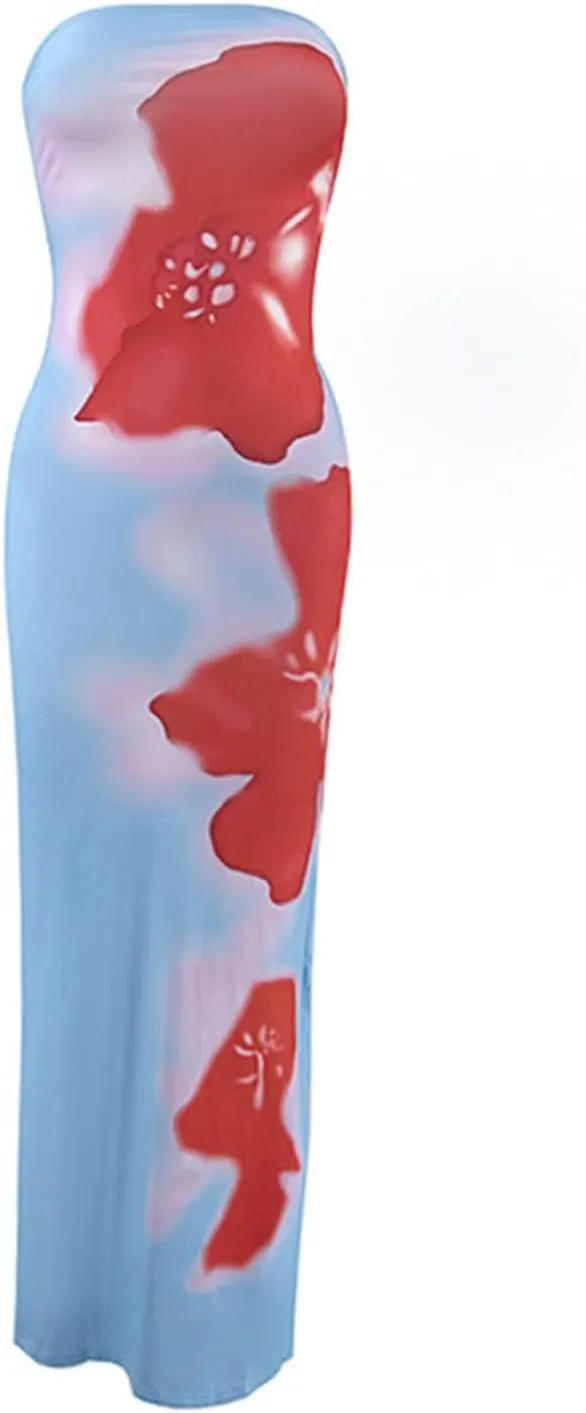 Boho Floral Strapless Maxi Dress for Women Off Shoulder Tube Bodycon Dress Wedding Guest Dresses Summer Beach Dresses