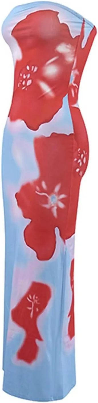 Boho Floral Strapless Maxi Dress for Women Off Shoulder Tube Bodycon Dress Wedding Guest Dresses Summer Beach Dresses