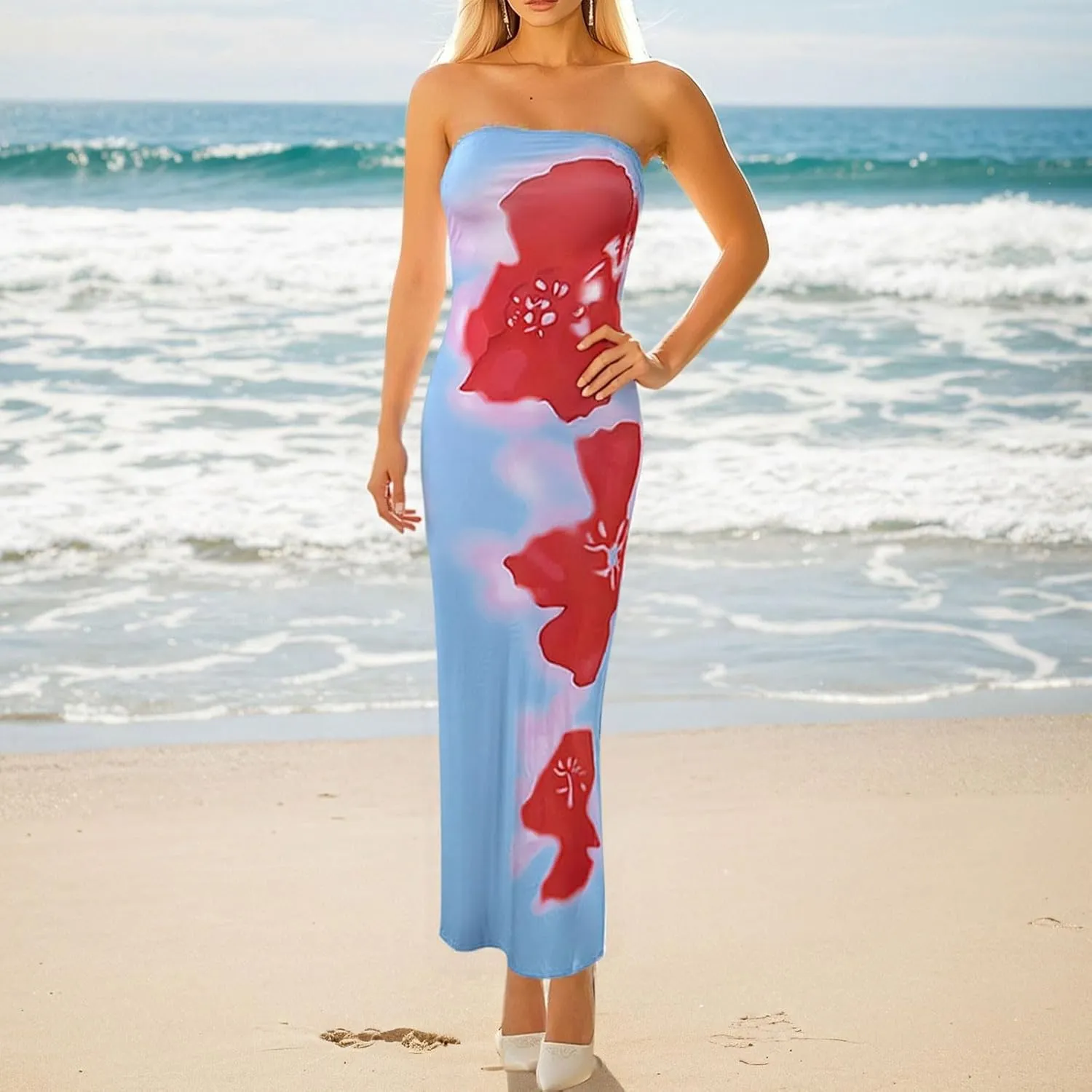 Boho Floral Strapless Maxi Dress for Women Off Shoulder Tube Bodycon Dress Wedding Guest Dresses Summer Beach Dresses