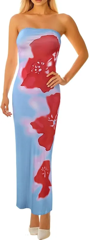 Boho Floral Strapless Maxi Dress for Women Off Shoulder Tube Bodycon Dress Wedding Guest Dresses Summer Beach Dresses