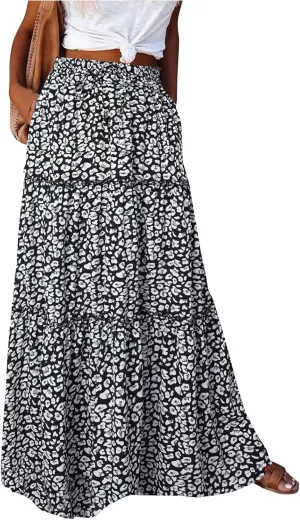 Boho Maxi Skirts for Women 2025 Summer Floral Flowy High Waisted Plus Size A Line Tiered Long Skirt with Pockets