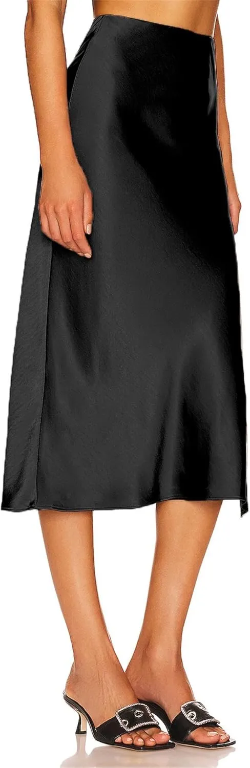 BOMAROLAN Women's Satin Midi Skirt High Waist Solid Silky Skirts for Women Elasticized Waistband A-Line Slit Midi Skirts