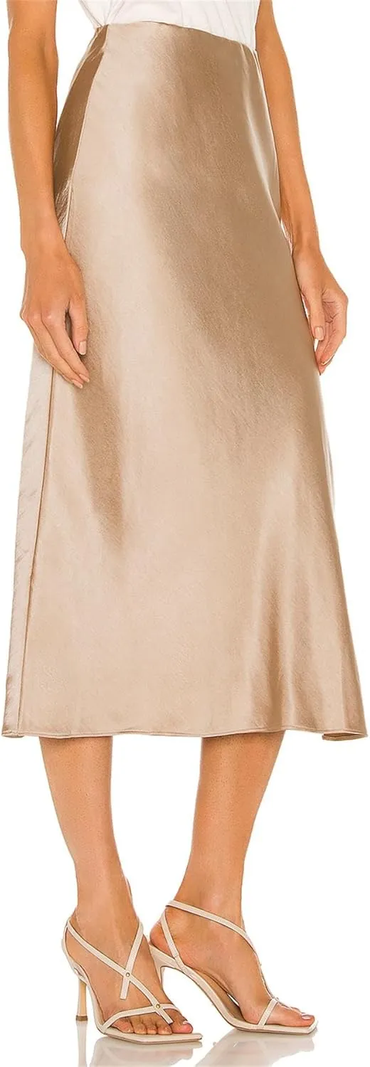 BOMAROLAN Women's Satin Midi Skirt High Waist Solid Silky Skirts for Women Elasticized Waistband A-Line Slit Midi Skirts
