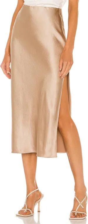 BOMAROLAN Women's Satin Midi Skirt High Waist Solid Silky Skirts for Women Elasticized Waistband A-Line Slit Midi Skirts