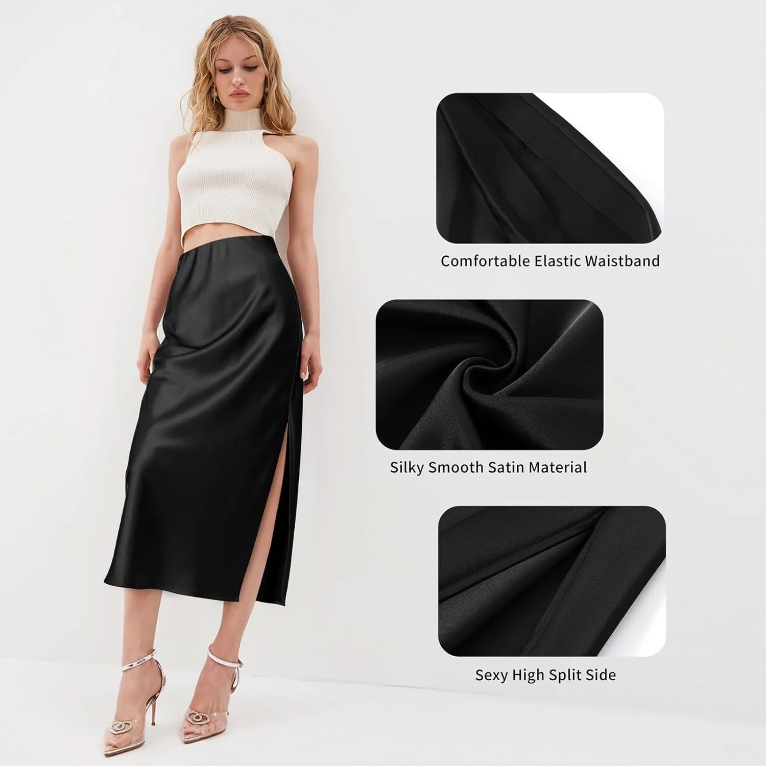 BOMAROLAN Women's Satin Midi Skirt High Waist Solid Silky Skirts for Women Elasticized Waistband A-Line Slit Midi Skirts