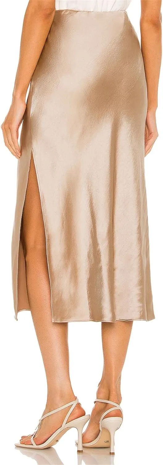 BOMAROLAN Women's Satin Midi Skirt High Waist Solid Silky Skirts for Women Elasticized Waistband A-Line Slit Midi Skirts