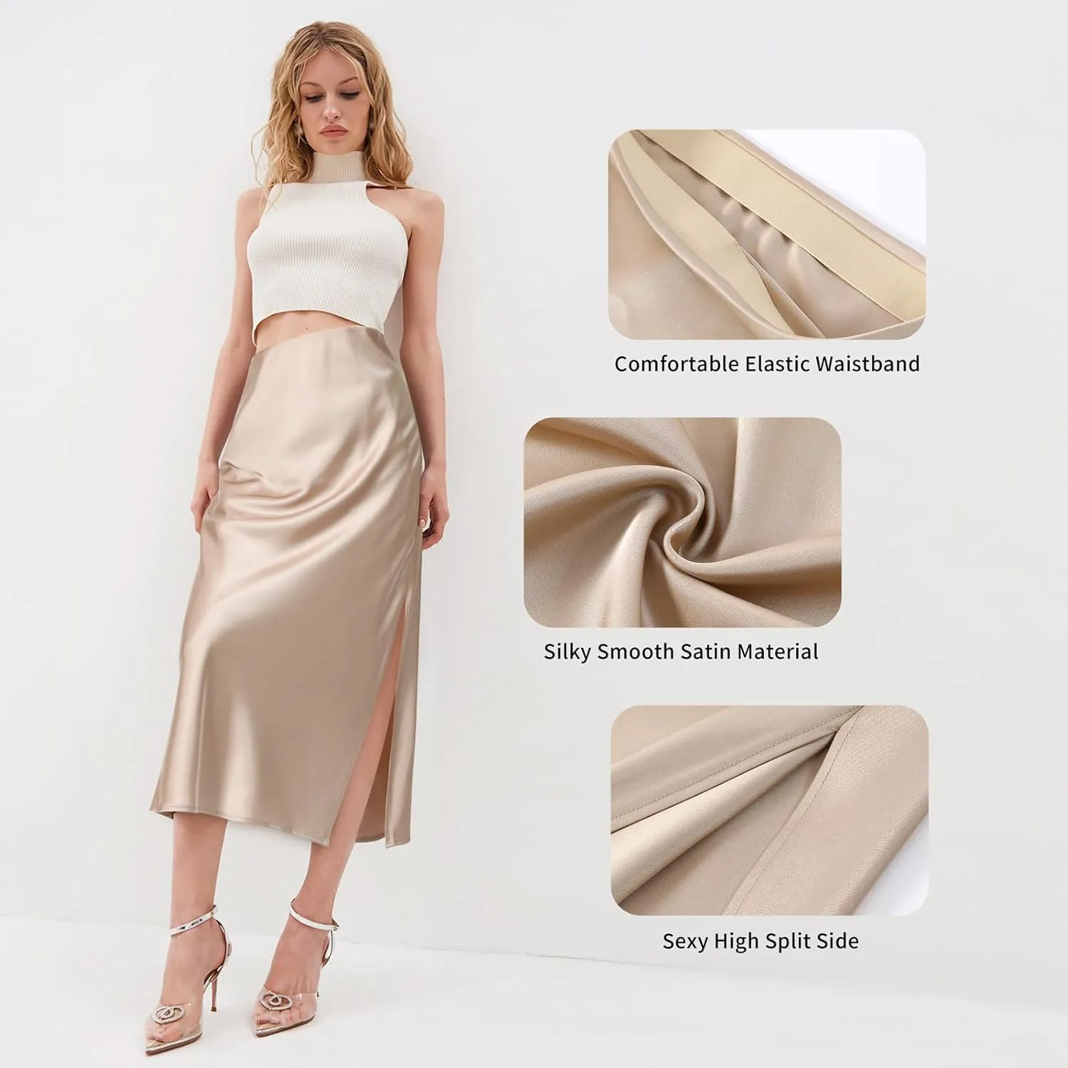 BOMAROLAN Women's Satin Midi Skirt High Waist Solid Silky Skirts for Women Elasticized Waistband A-Line Slit Midi Skirts
