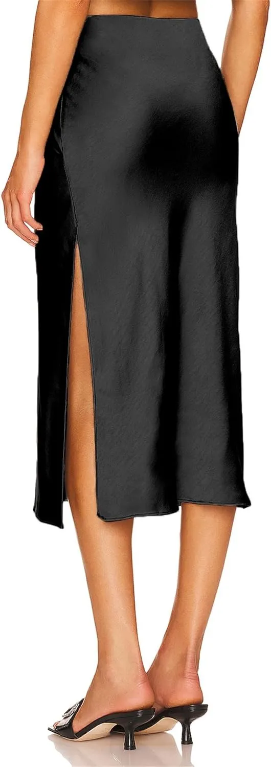 BOMAROLAN Women's Satin Midi Skirt High Waist Solid Silky Skirts for Women Elasticized Waistband A-Line Slit Midi Skirts