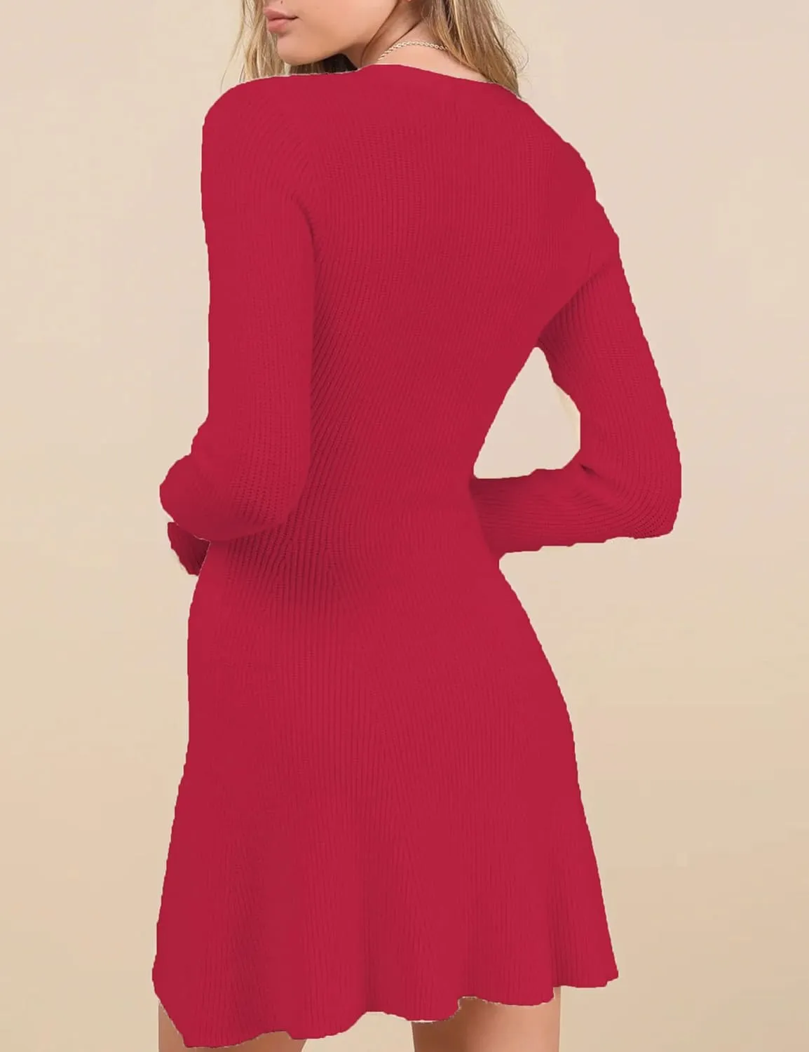 Bozanly Women's Elegant Deep V Neck Long Sleeve Button Front Ribbed Knit Mini Dress Sexy Sweater Dresses