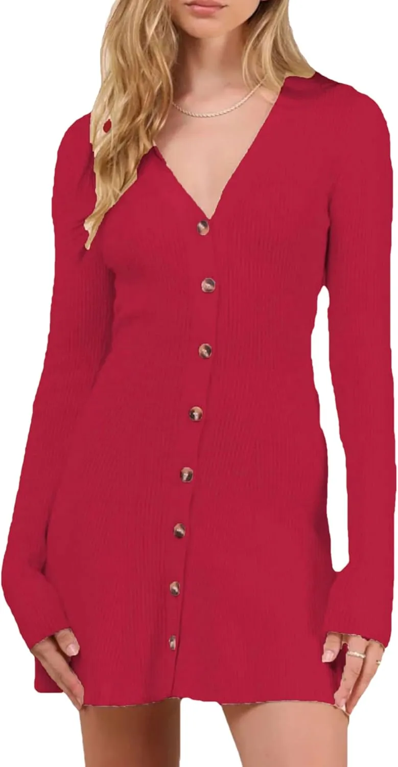 Bozanly Women's Elegant Deep V Neck Long Sleeve Button Front Ribbed Knit Mini Dress Sexy Sweater Dresses