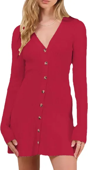 Bozanly Women's Elegant Deep V Neck Long Sleeve Button Front Ribbed Knit Mini Dress Sexy Sweater Dresses