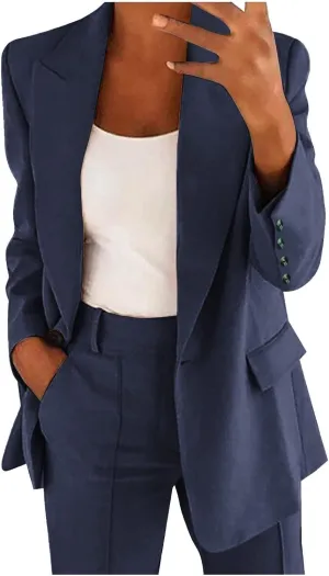 Business Casual Pant Suits Womens 2 Piece Outfits Dressy Casual Long Sleeve Blazer Sets Plus Size Wide Pants Suit Set