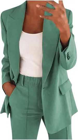 Business Casual Pant Suits Womens 2 Piece Outfits Dressy Casual Long Sleeve Blazer Sets Plus Size Wide Pants Suit Set