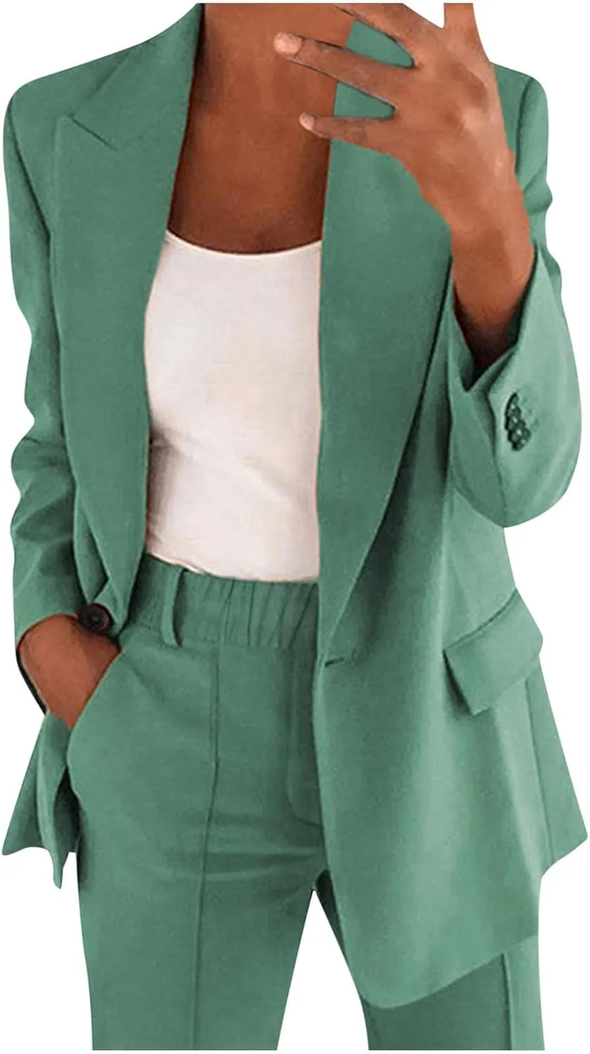 Business Casual Pant Suits Womens 2 Piece Outfits Dressy Casual Long Sleeve Blazer Sets Plus Size Wide Pants Suit Set