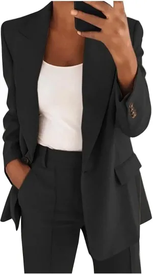 Business Casual Pant Suits Womens 2 Piece Outfits Dressy Casual Long Sleeve Blazer Sets Plus Size Wide Pants Suit Set