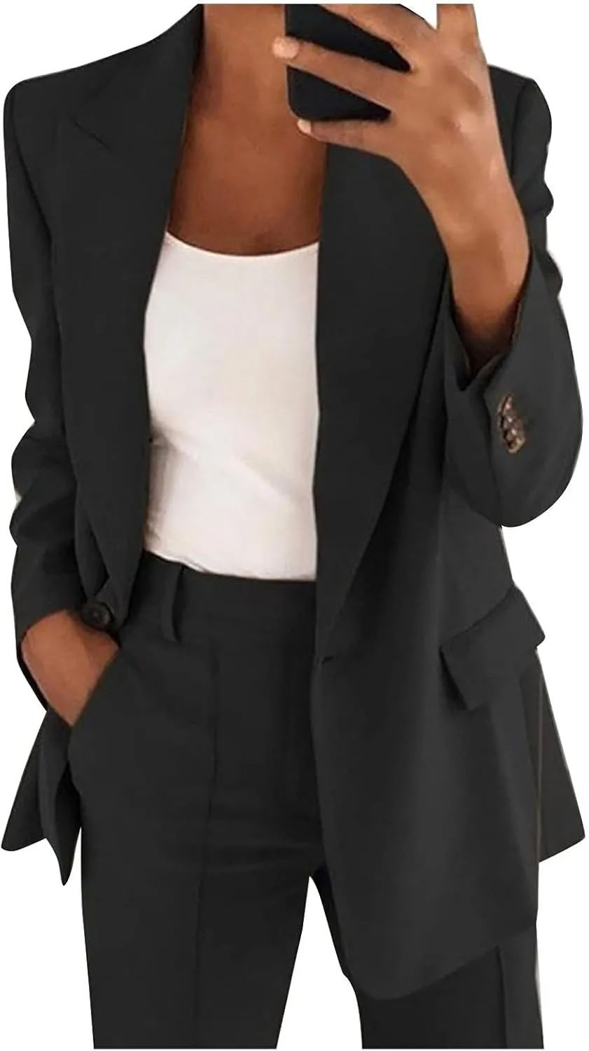 Business Casual Pant Suits Womens 2 Piece Outfits Dressy Casual Long Sleeve Blazer Sets Plus Size Wide Pants Suit Set
