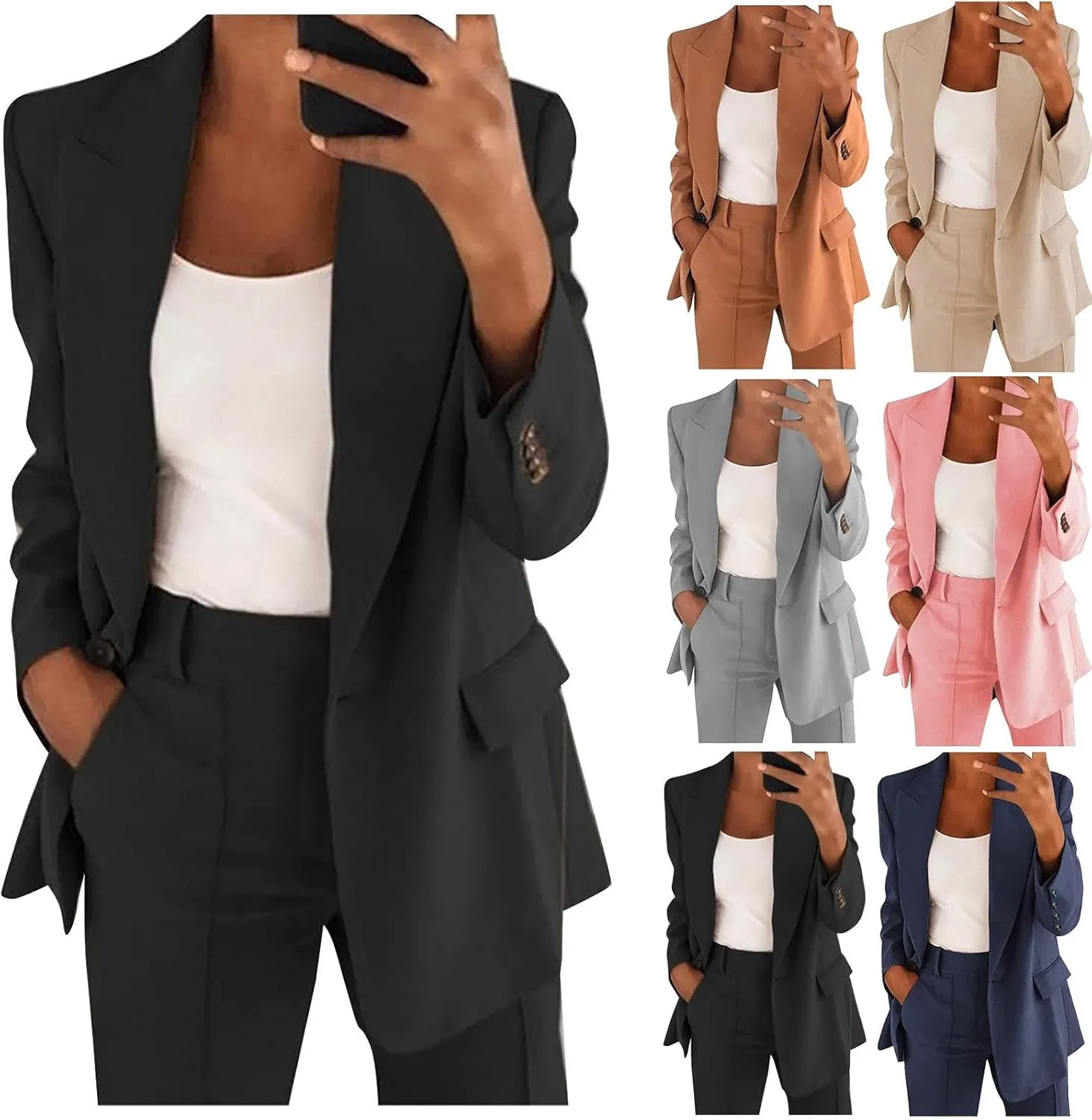 Business Casual Pant Suits Womens 2 Piece Outfits Dressy Casual Long Sleeve Blazer Sets Plus Size Wide Pants Suit Set