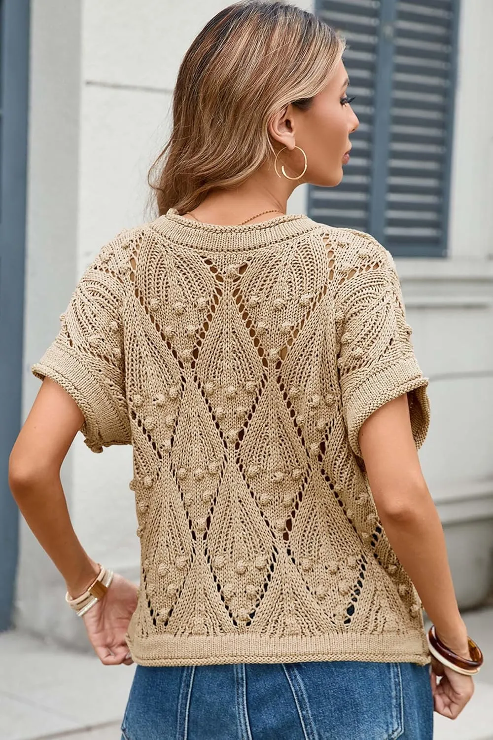 Cakulo Womens Summer Short Sleeve Crop Boho Tops Crochet Lightweight Sweaters 2025 Knit Top Casual Blouses