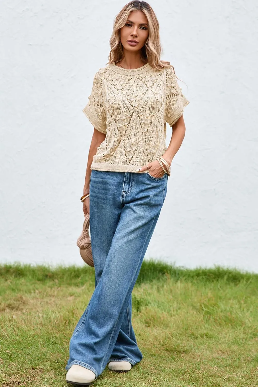 Cakulo Womens Summer Short Sleeve Crop Boho Tops Crochet Lightweight Sweaters 2025 Knit Top Casual Blouses