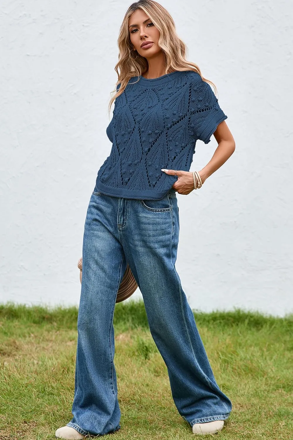 Cakulo Womens Summer Short Sleeve Crop Boho Tops Crochet Lightweight Sweaters 2025 Knit Top Casual Blouses