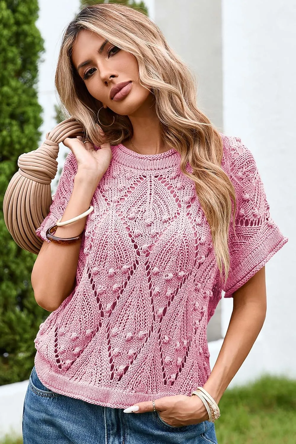 Cakulo Womens Summer Short Sleeve Crop Boho Tops Crochet Lightweight Sweaters 2025 Knit Top Casual Blouses