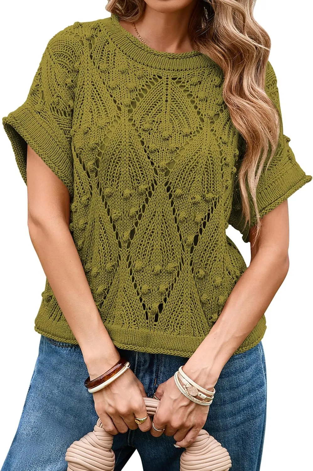 Cakulo Womens Summer Short Sleeve Crop Boho Tops Crochet Lightweight Sweaters 2025 Knit Top Casual Blouses