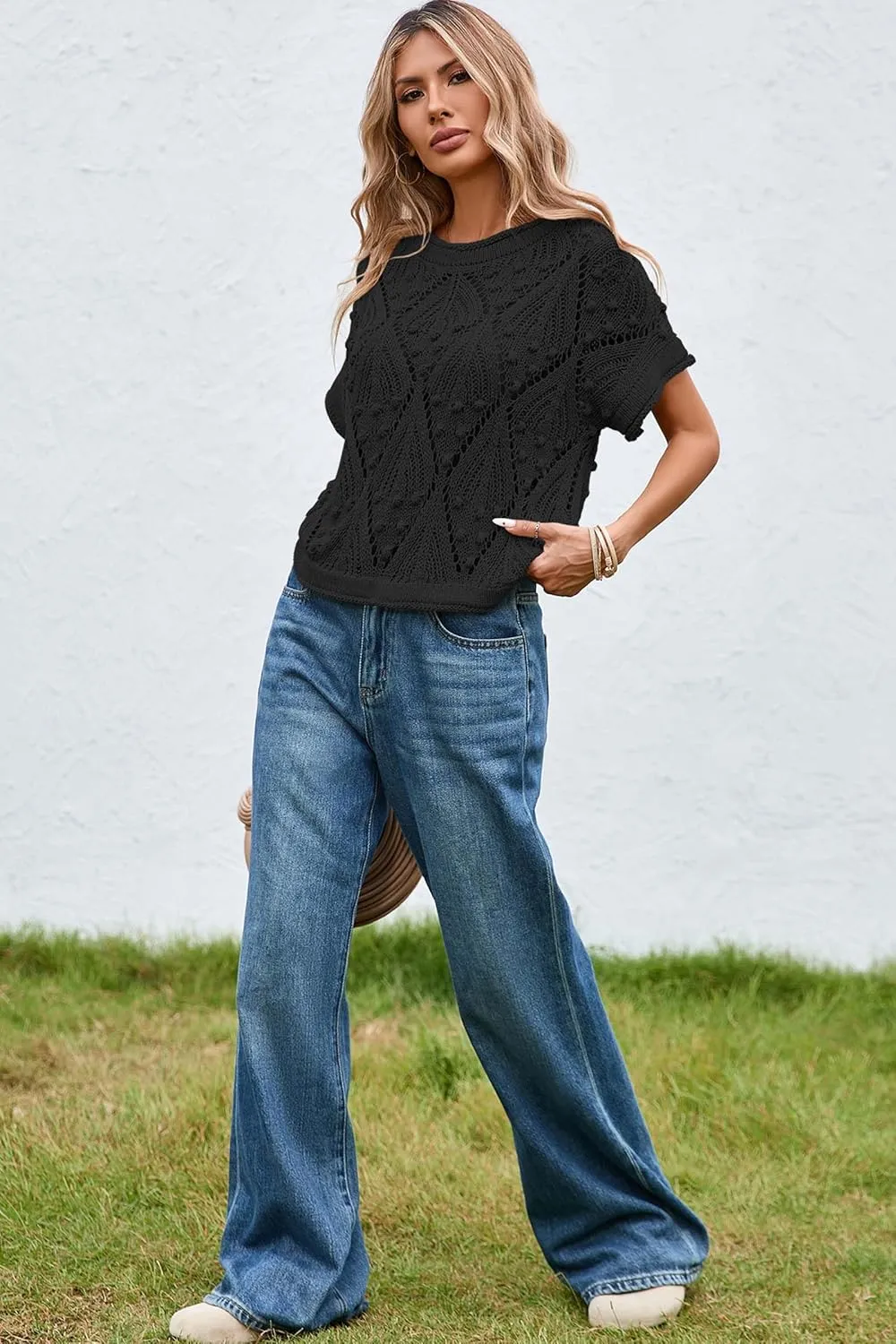 Cakulo Womens Summer Short Sleeve Crop Boho Tops Crochet Lightweight Sweaters 2025 Knit Top Casual Blouses