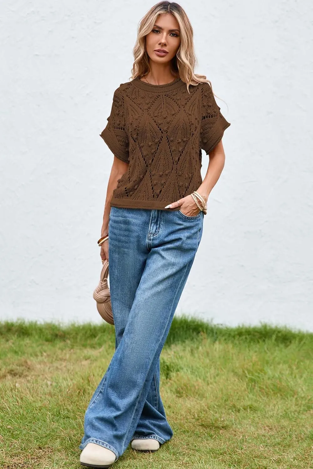 Cakulo Womens Summer Short Sleeve Crop Boho Tops Crochet Lightweight Sweaters 2025 Knit Top Casual Blouses