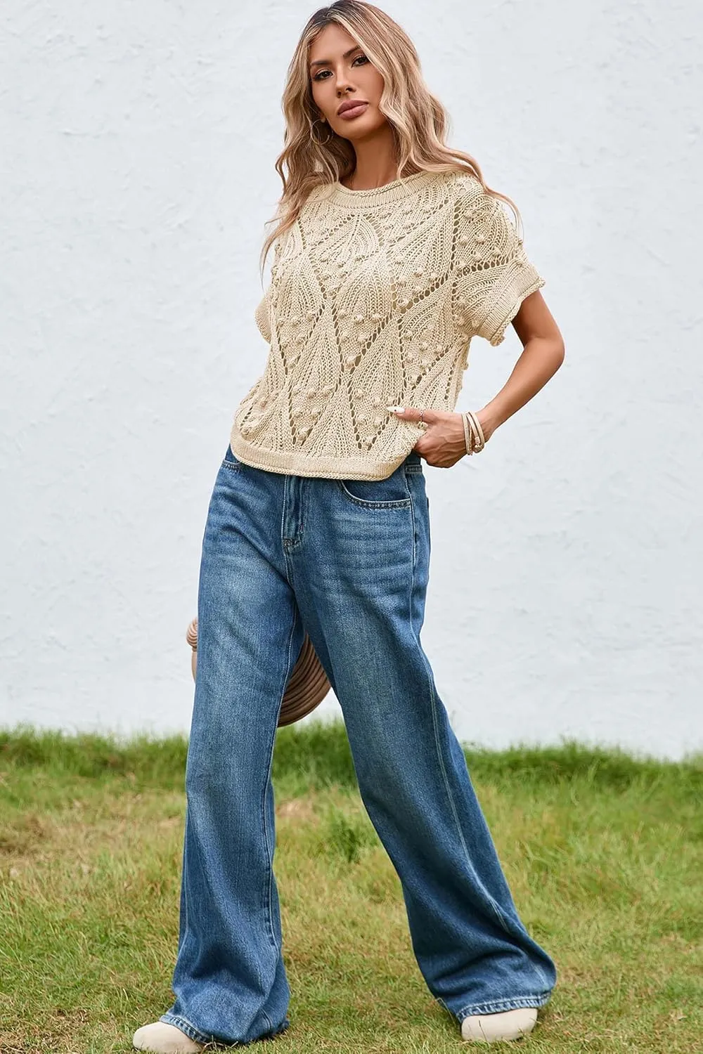 Cakulo Womens Summer Short Sleeve Crop Boho Tops Crochet Lightweight Sweaters 2025 Knit Top Casual Blouses