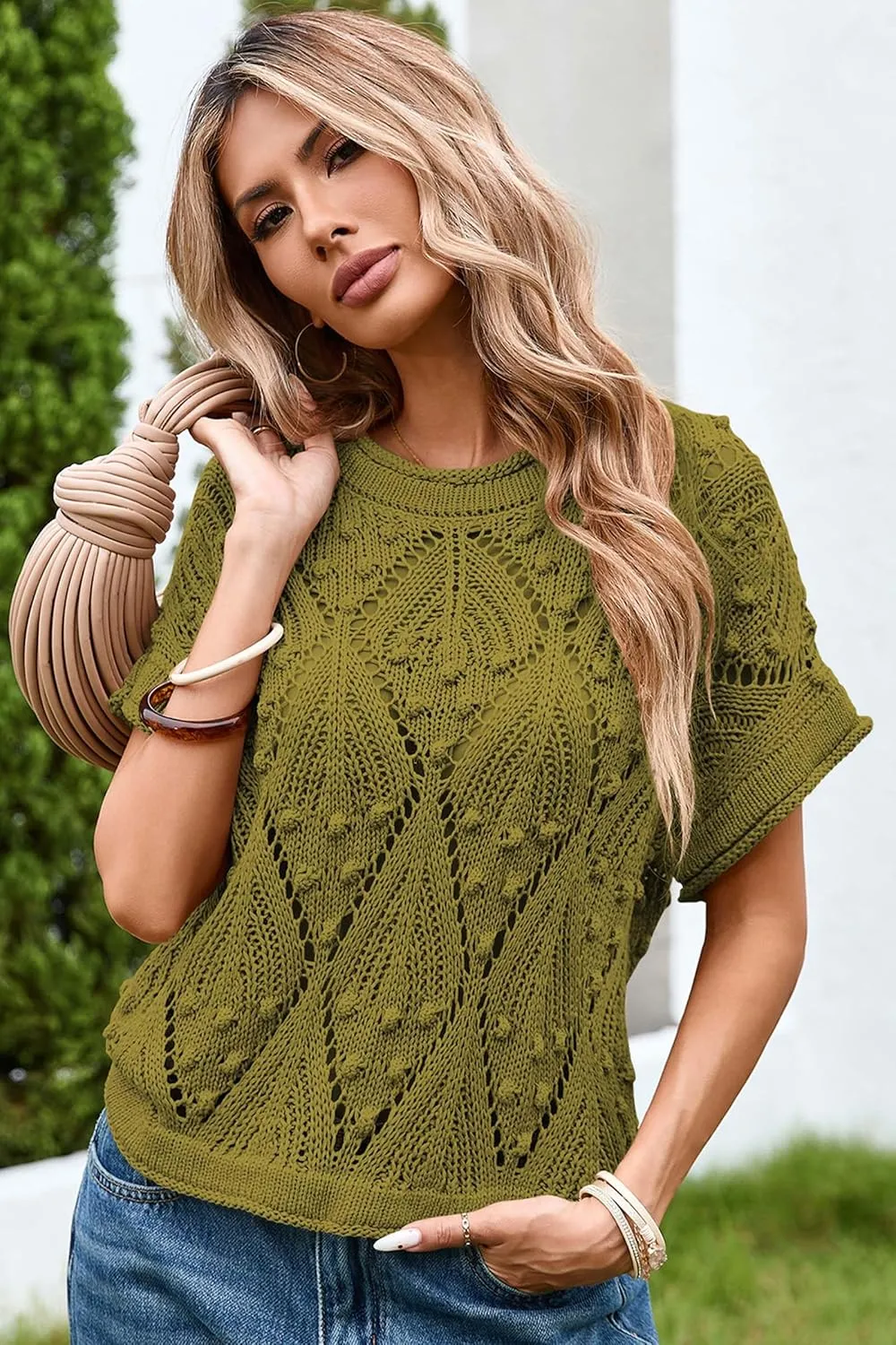 Cakulo Womens Summer Short Sleeve Crop Boho Tops Crochet Lightweight Sweaters 2025 Knit Top Casual Blouses