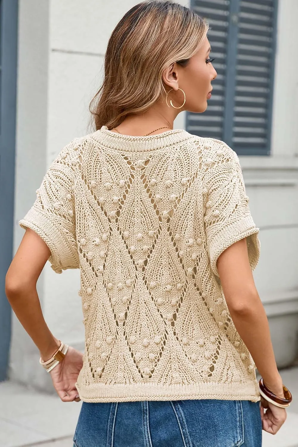 Cakulo Womens Summer Short Sleeve Crop Boho Tops Crochet Lightweight Sweaters 2025 Knit Top Casual Blouses