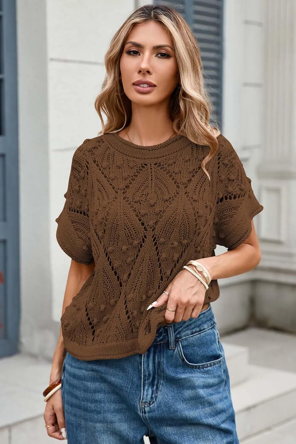 Cakulo Womens Summer Short Sleeve Crop Boho Tops Crochet Lightweight Sweaters 2025 Knit Top Casual Blouses
