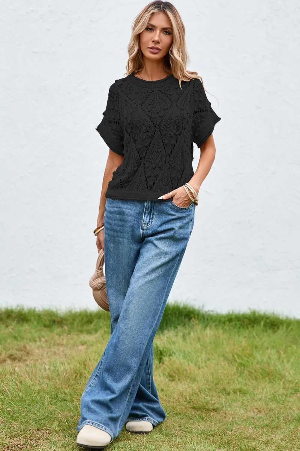 Cakulo Womens Summer Short Sleeve Crop Boho Tops Crochet Lightweight Sweaters 2025 Knit Top Casual Blouses