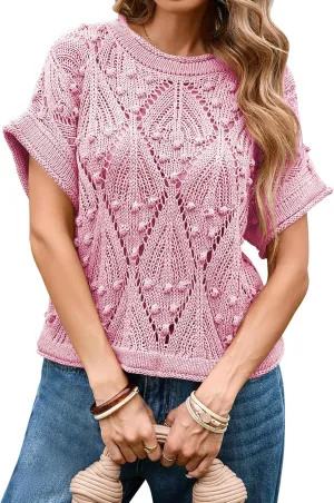 Cakulo Womens Summer Short Sleeve Crop Boho Tops Crochet Lightweight Sweaters 2025 Knit Top Casual Blouses