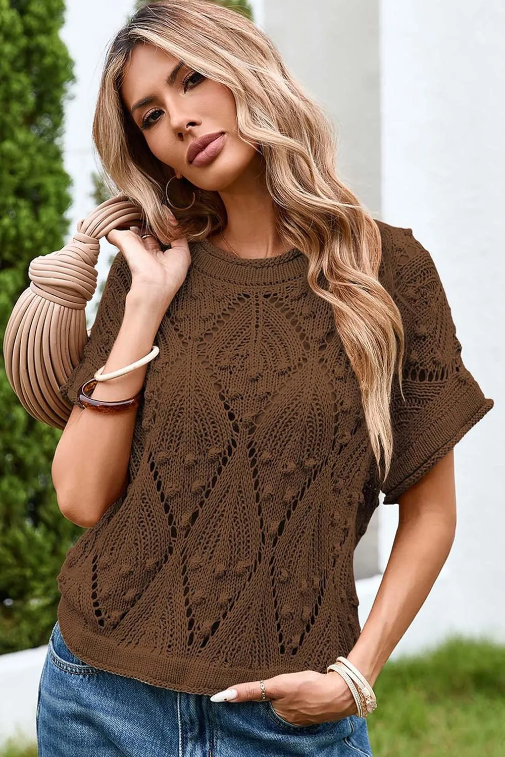 Cakulo Womens Summer Short Sleeve Crop Boho Tops Crochet Lightweight Sweaters 2025 Knit Top Casual Blouses