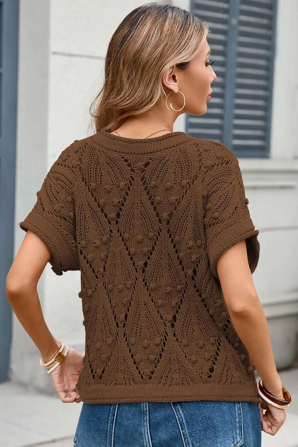 Cakulo Womens Summer Short Sleeve Crop Boho Tops Crochet Lightweight Sweaters 2025 Knit Top Casual Blouses
