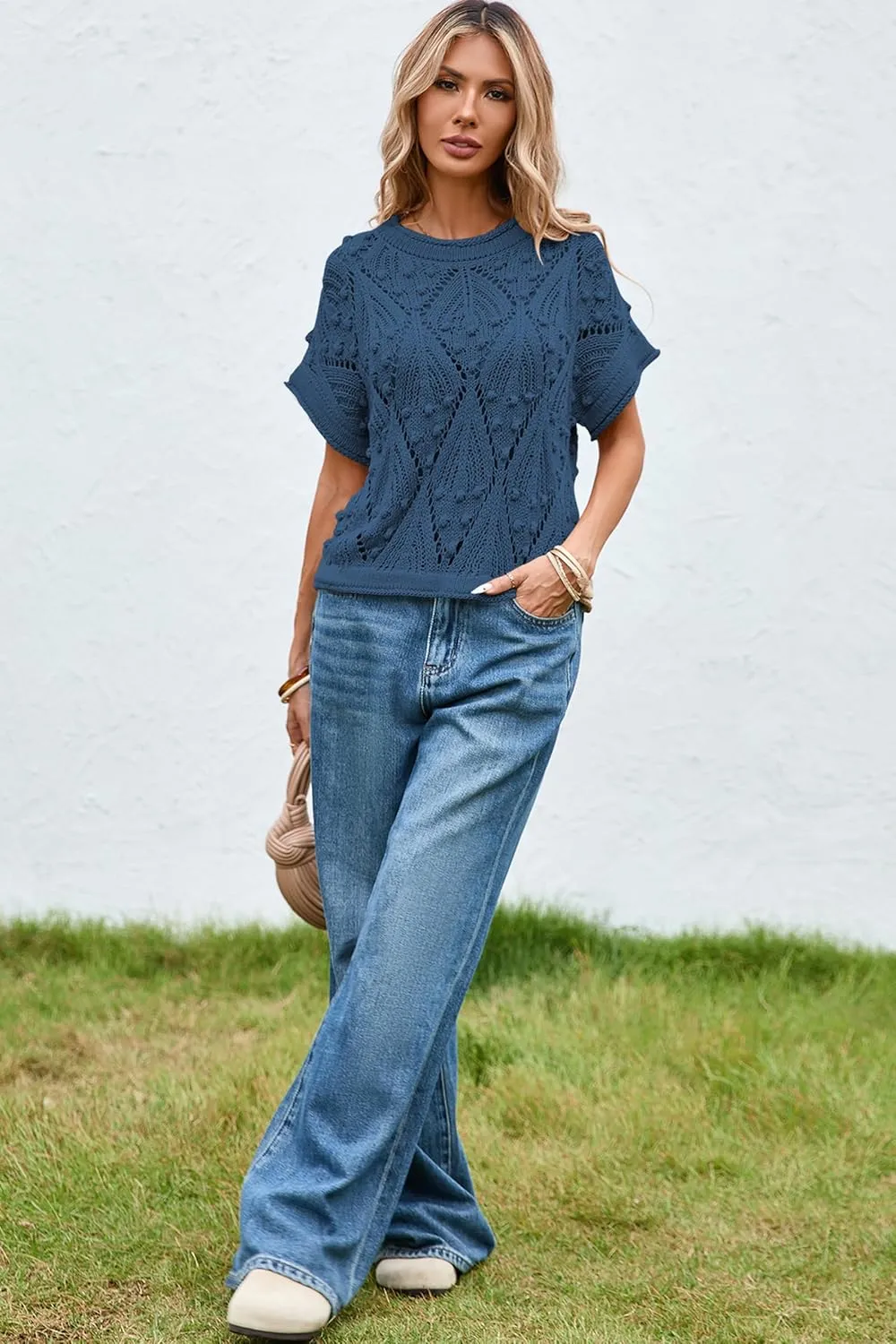 Cakulo Womens Summer Short Sleeve Crop Boho Tops Crochet Lightweight Sweaters 2025 Knit Top Casual Blouses