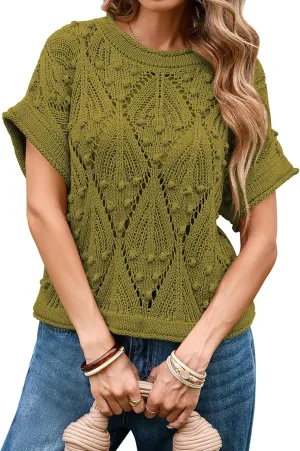 Cakulo Womens Summer Short Sleeve Crop Boho Tops Crochet Lightweight Sweaters 2025 Knit Top Casual Blouses