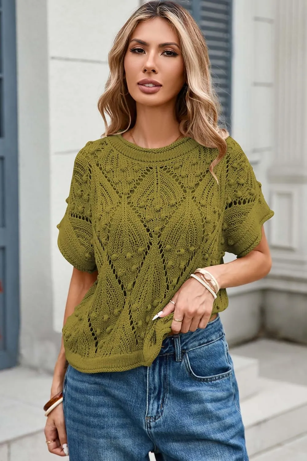 Cakulo Womens Summer Short Sleeve Crop Boho Tops Crochet Lightweight Sweaters 2025 Knit Top Casual Blouses