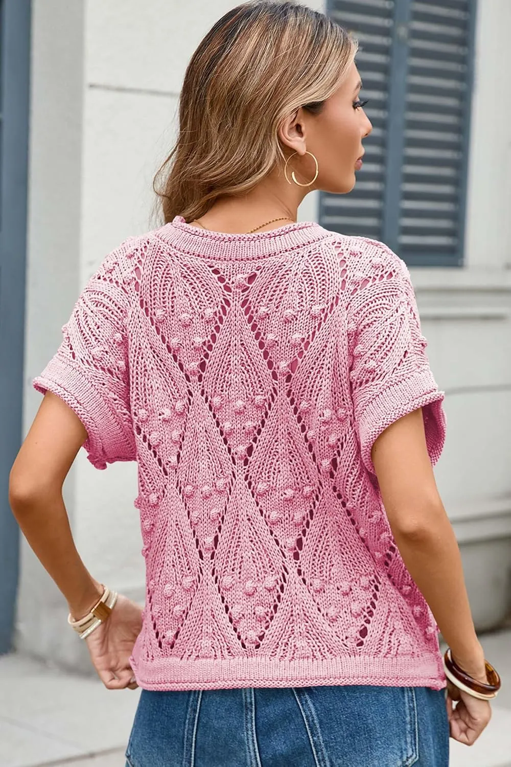 Cakulo Womens Summer Short Sleeve Crop Boho Tops Crochet Lightweight Sweaters 2025 Knit Top Casual Blouses