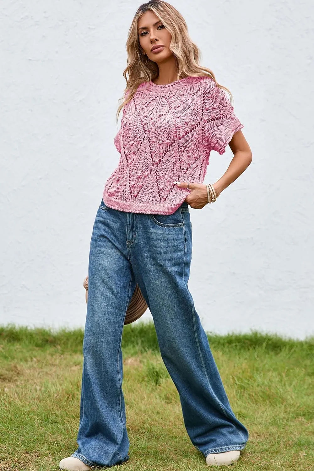Cakulo Womens Summer Short Sleeve Crop Boho Tops Crochet Lightweight Sweaters 2025 Knit Top Casual Blouses