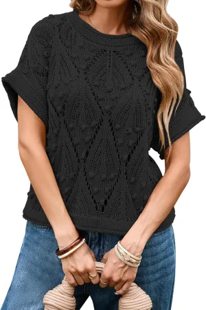 Cakulo Womens Summer Short Sleeve Crop Boho Tops Crochet Lightweight Sweaters 2025 Knit Top Casual Blouses