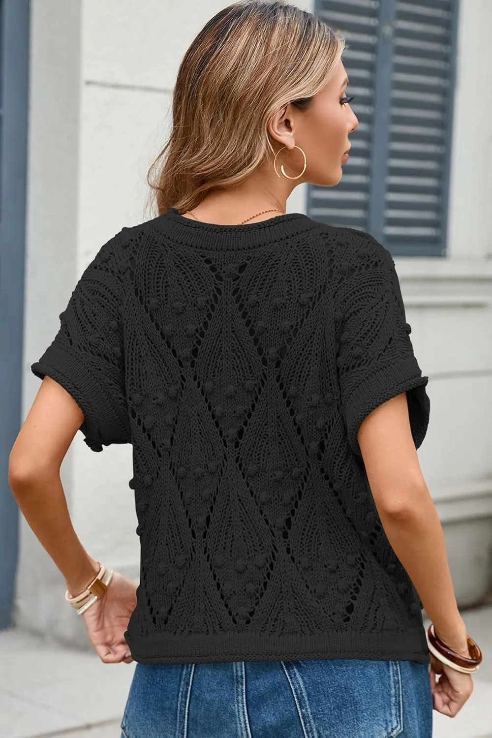 Cakulo Womens Summer Short Sleeve Crop Boho Tops Crochet Lightweight Sweaters 2025 Knit Top Casual Blouses
