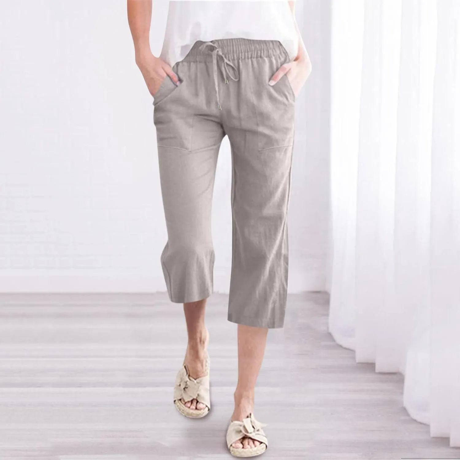 Capris Pants for Women Cotton Linen Casual Summer Straight Wide Leg Loose Drawstring Elastic Waist Cropped Trouser